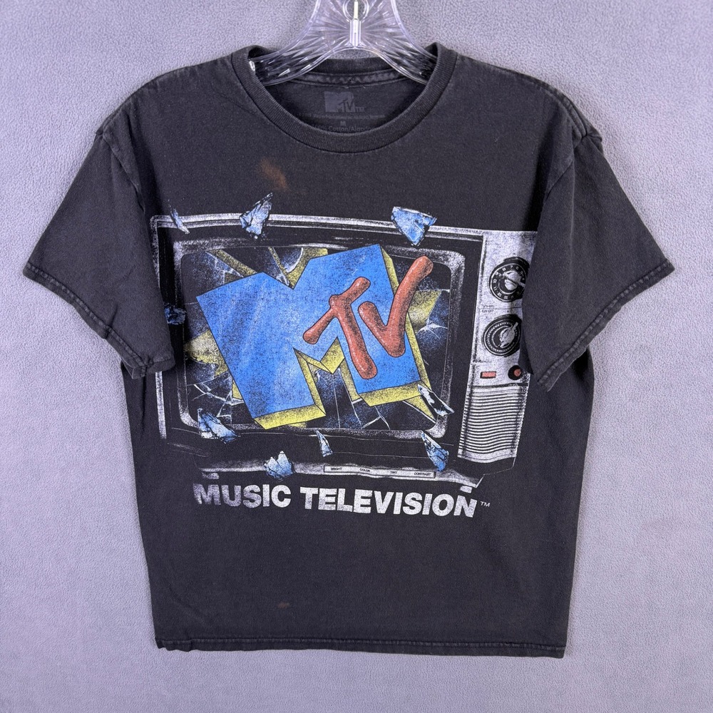 MTV Music Television Mens Size M Black Graphic T-Shirt Retro TV Screen Print